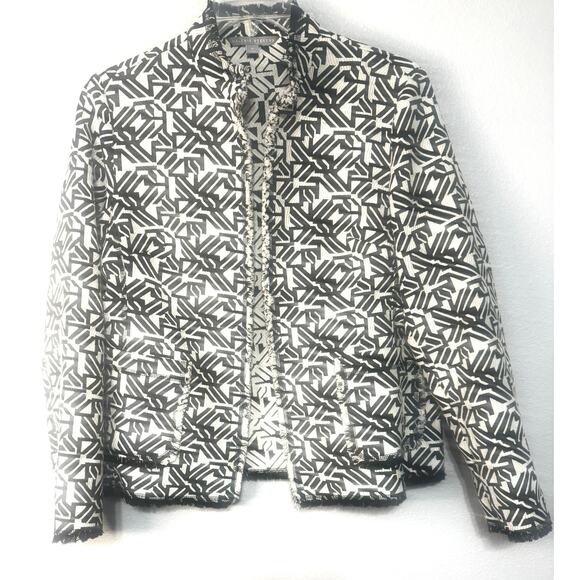 Valerie Stevens Blazer Jacket Women’s XL Black White Geometric Fringe Work Chic - Picture 1 of 9